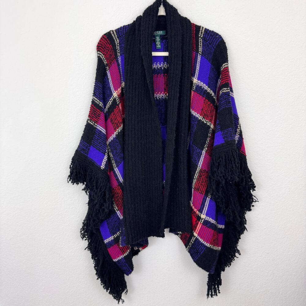 Lauren Ralph Lauren Womens Fringe Plaid Poncho Size M/L Petite Wool Winter Black